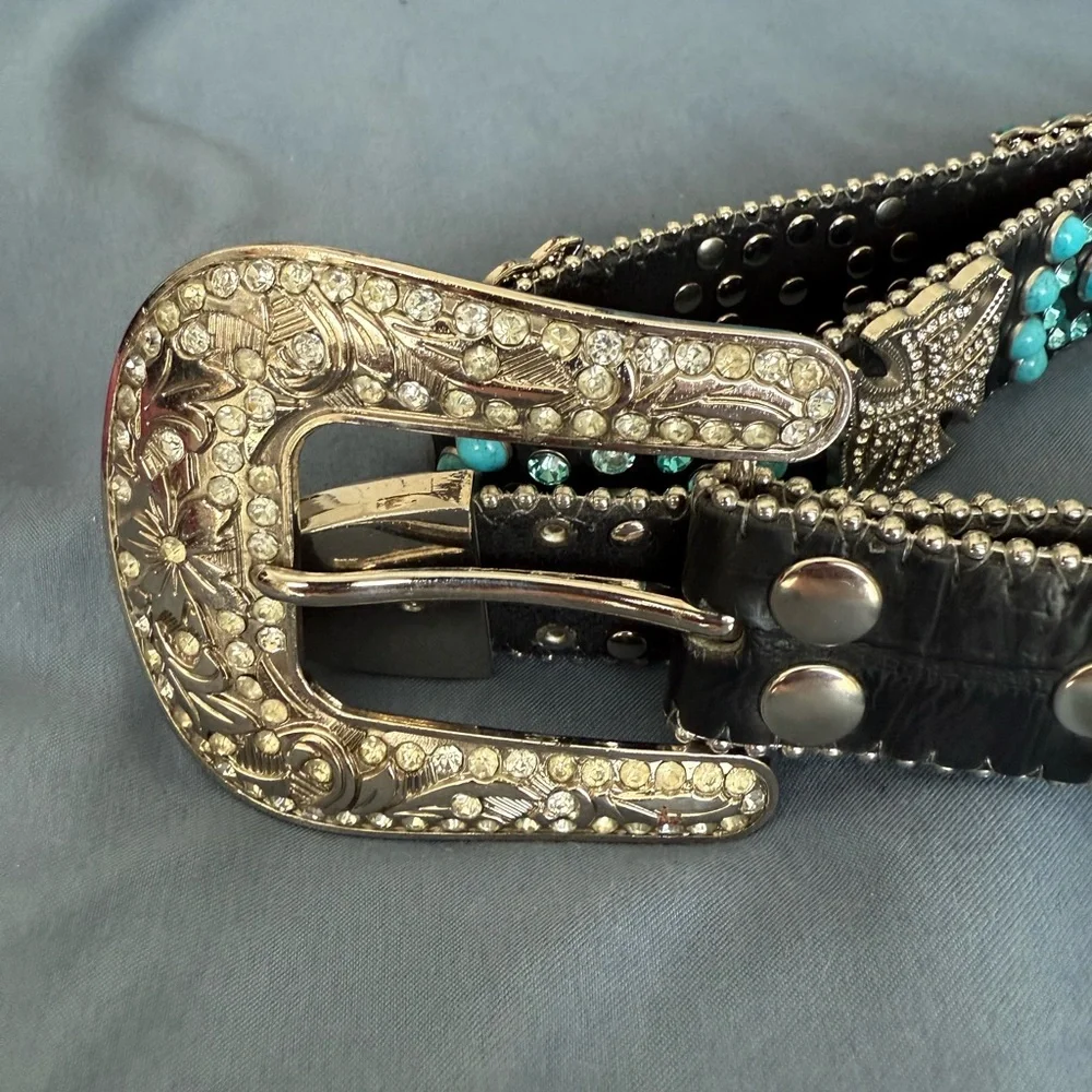 Studded Black Belt with Turquoise Accents - Picture 3 of 3